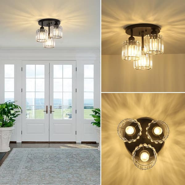 1 stk. moderne krystallysekroner, 3-lys krystallamper til stuen, semi-flush loftslamper (sort)