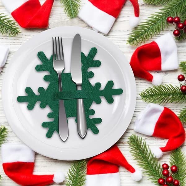 4 stk. julebestikholdere, julesnefnugformede bestikposer til julepynt, middagsbord, festpynt (grøn)