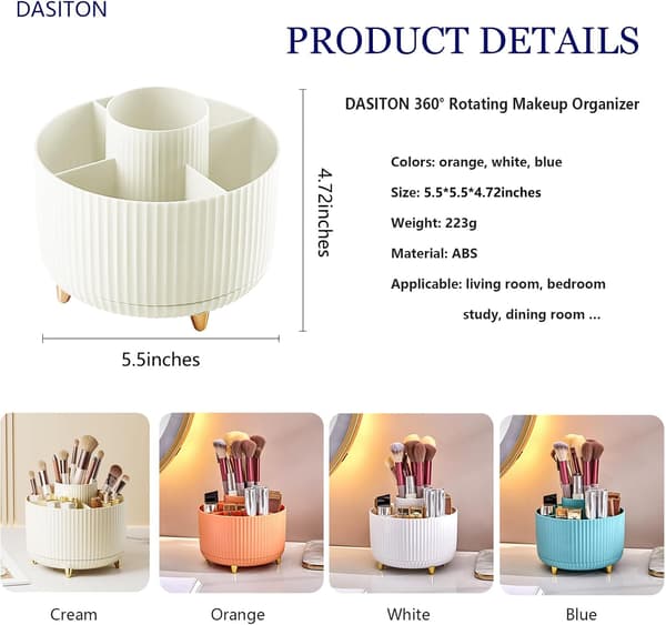 Makeup børsteholder med stor kapacitet, 360° roterende makeup organizer, 5 rum til makeup børster, til badeværelse, kosmetik display (Orange)