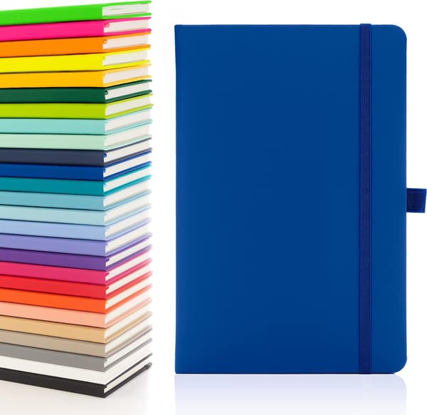 A5 notesbog med linjerede sider, bånd, datomærker og papirlomme, medium hardback journal, note, bæredygtigt produceret papir (blå)
