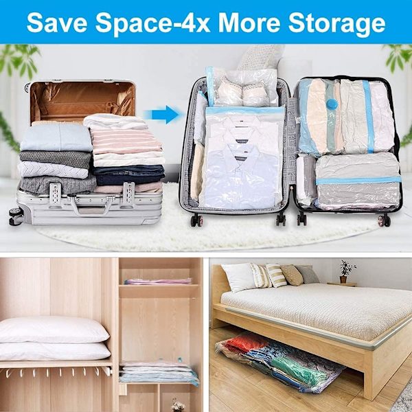 Vakuum Opbevaringsposer 6 stk. Pladsbesparende Poser 2 Store 100x80cm + 2 Mellem 80x60cm + 2 Små 60x40cm Vakuumposer Dobbelt Zip Lukning & Lækageventil Genanvendelige