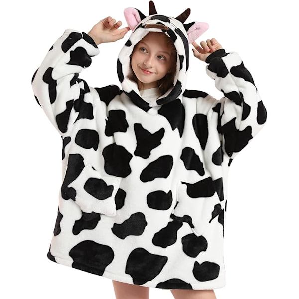 Oversized hettegenser teppe for barn myk varm koselig bærbar teppe genser fleece sherpa teppe med lommer Cow