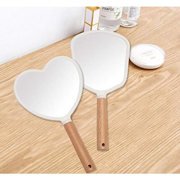 Handhållen spegel med handtag för smink, liten söt trähandspegel för rakning med hålhängande bärbar (fläktformad)