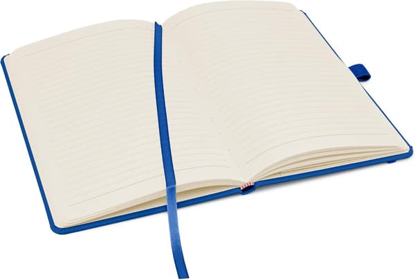A5 notesbog med linjerede sider, bånd, datomærker og papirlomme, medium hardback journal, note, bæredygtigt produceret papir (blå)