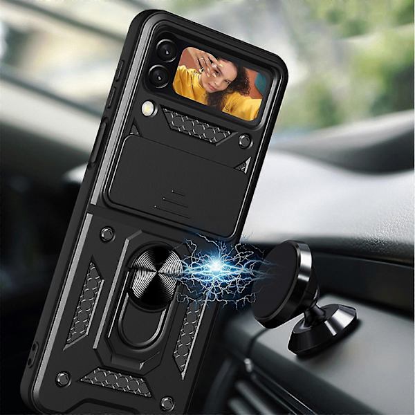 Kestävä panssarikuori, yhteensopiva Galaxy Z Flip 4:n kanssa, kova PC-iskunkestävä suojus rengaspidikkeellä