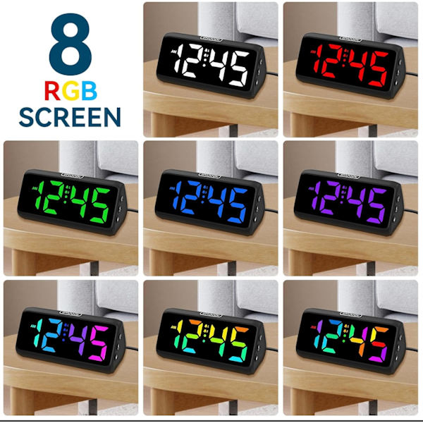 Hög ljudalarmklocka för hörselskadade, med RGB LED-display, dubbelalarm, 8 dimmer, 3 volymer, för tunga sovande barn tonåringar äldre (rosa)