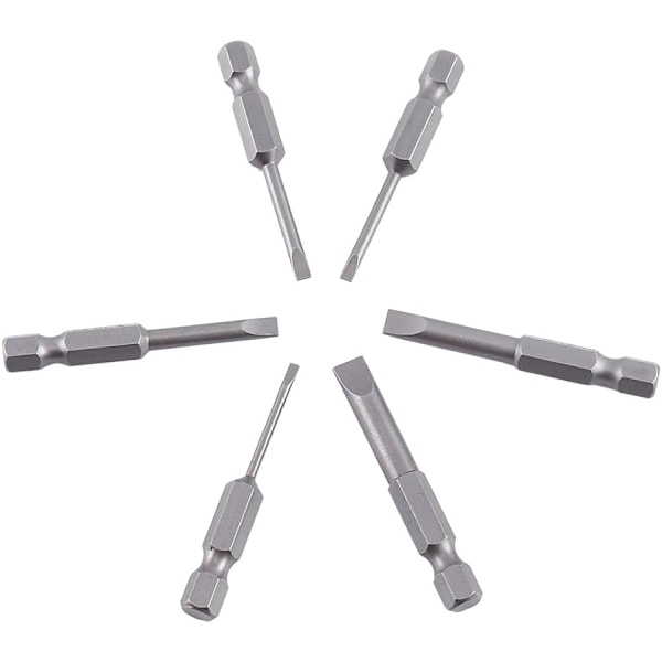 6 stk 50mm 2.0-6.0mm Flat Head Slotted Bit Skrutrekker Bits Sett S2 Legering Magnetisk 0.25\" Hex Slotted Skrutrekker Bits