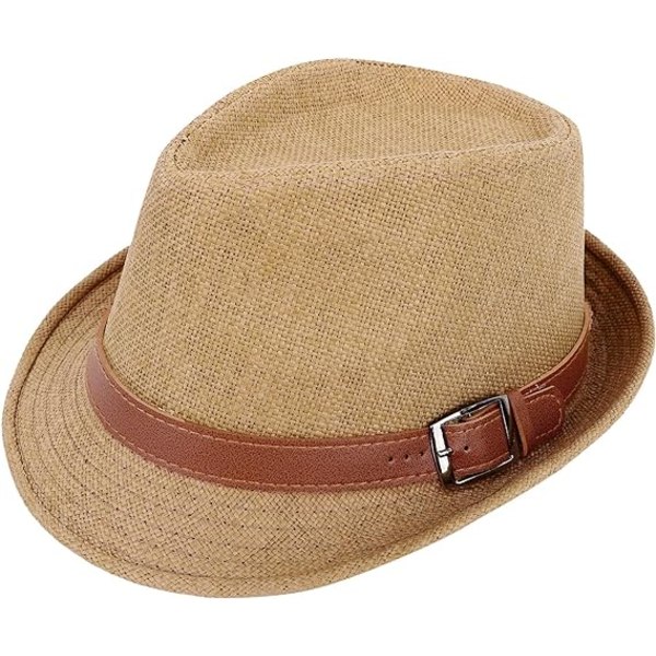 Plain Panama style triangle hat straw hat with leather belt sun hat ， khaki