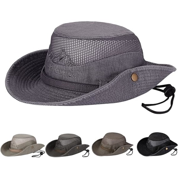 Solhatt, Bucket Hat, Sommarhattar, Vikbar fiskehatt med andningsbart mesh och justerbar hakrem grey