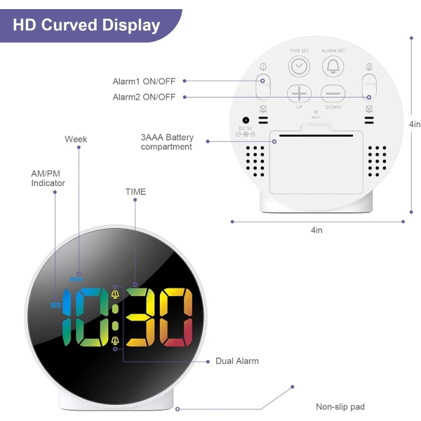 Sängbordsväckarklocka med färgad böjd LED-display, batteridriven/USB-driven digital väckarklocka med snooze-funktion, 4 ljusstyrkenivåer, 2 larm