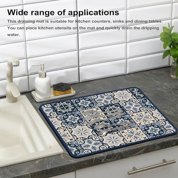 Avrinningsmatta, mjuk mikrofiberdiskavtorkningsmatta för köksavrinningar för köksredskap köksdisk Blue Print 30x40cm