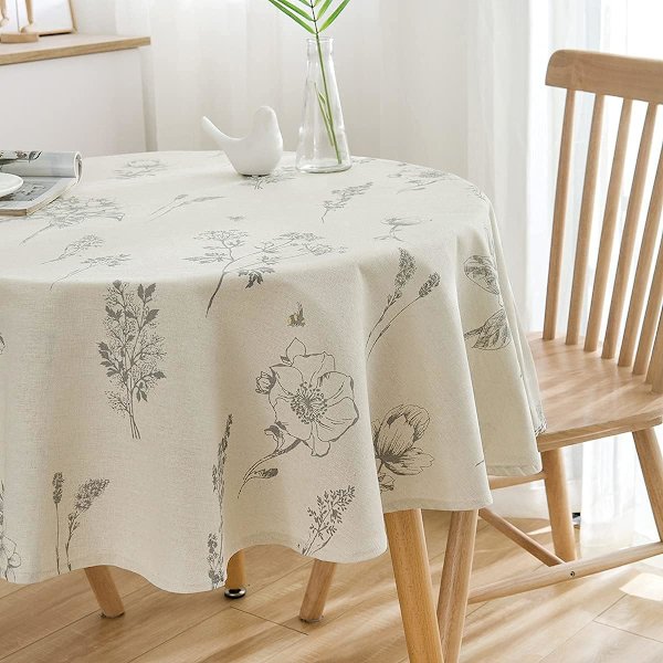Rund dug i beige med tryk 150 cm, lille rund dug, rund dug, der er nem at tørre af