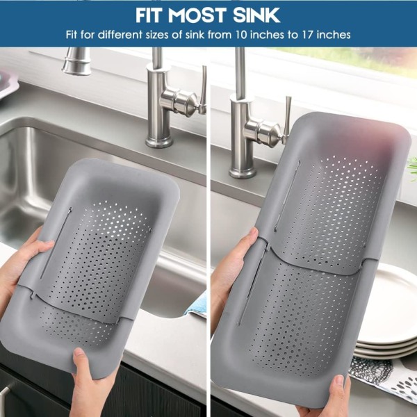 Hopfällbar durkslag kök utdragbar sil frukt grönsaker pasta mat avloppskorg avlopp över diskho (grå)