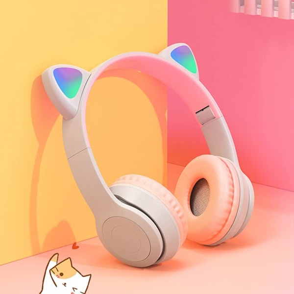 Trådløse gaming hovedtelefoner, Bluetooth 5.0 foldbart trådløst gaming headset til børn voksne katteører med LED-lys (grå og pink)