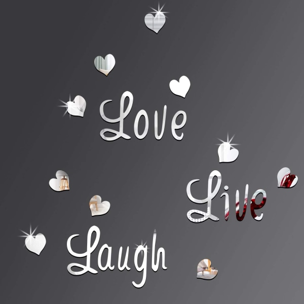 Love Live Laugh Väggdekaler Dekaler Silver Hjärta Spegel Väggdekor för sovrum Vardagsrum DIY dekoration