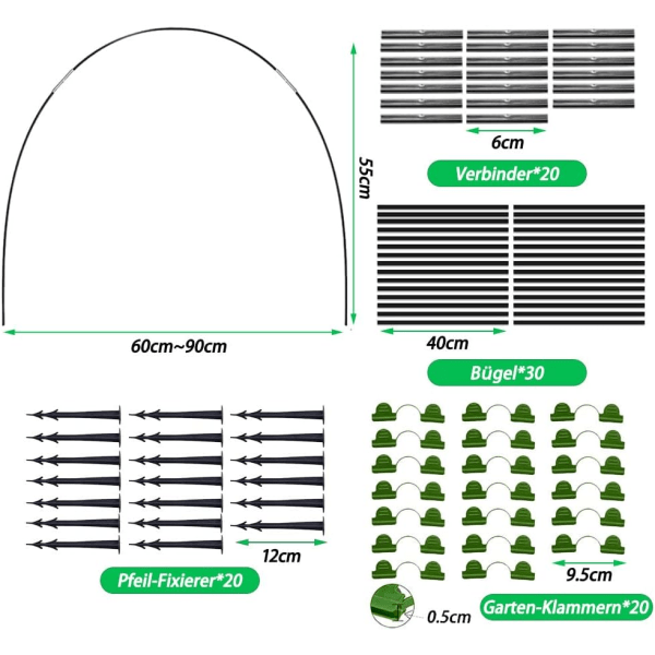 Växthusdäck folie tunnel, bågar för folie tunnel, trädgårdstunnel, växthusdäck glasfiber, tunnelbågar för upphöjd bädd, trädgårdsdäck 30 st