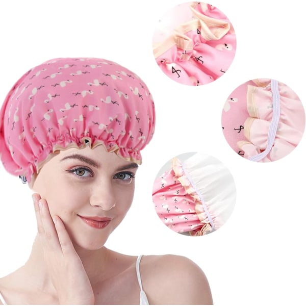 Dobbeltlags Badehætte til Kvinder, Elastisk Bånd Genanvendelig Badehætte til Hår Velegnet til Langt, Kort og Krøllet Hår (Pink Fugl)