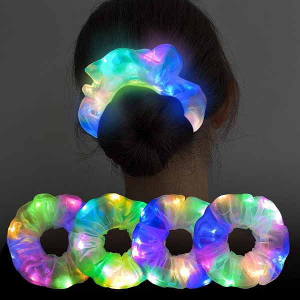 4st Ljus Scrunchies hårslips, LED Scrunchy Hair Elastiskt band för kvinnor och flickor, Glow in the Dark Festtillbehör Rave Accessoarer för Glow Party