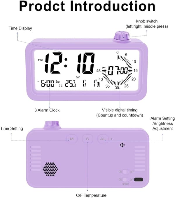 Digital Visuell Timer, 60 Minutters Nedtellingstimer, 3 Alarmmoduser, Temperatur- og Datovisning, for Barn Kjøkken, Lilla