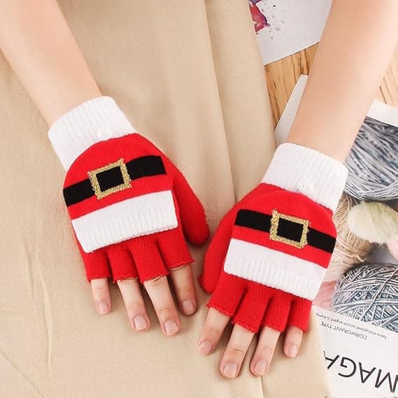 Vuxna Julvantar, Stickade Halvfingervantar, med Vikbart Skydd, Omvandlingsbara Vantar Varmvantar för Vinter, Tomte