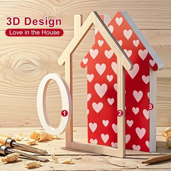Valentinsdagdekorasjoner, 4 stk. Valentinsdekor 3D Trehusformede Skilt