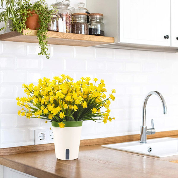 Konstgjorda falska blommor, 12 buntar utomhus UV-beständiga grönskande buskar växter inomhus utomhus hängande planterare hem trädgårdsinredning Yellow
