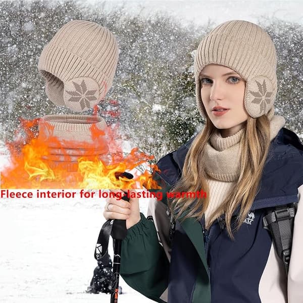 Vintermössa halsduk set, varm vintermössa, stickad mössa band halsduk beige