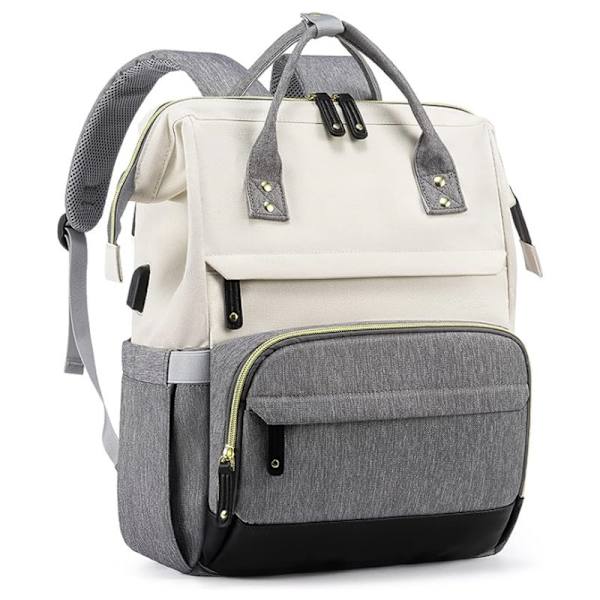 Laptop Ryggsäck Kvinnor 15.6 tum, med USB-port för Arbete, Affärsresor, Ryggsäck för Lärare Sjuksköterska, Beige Grå