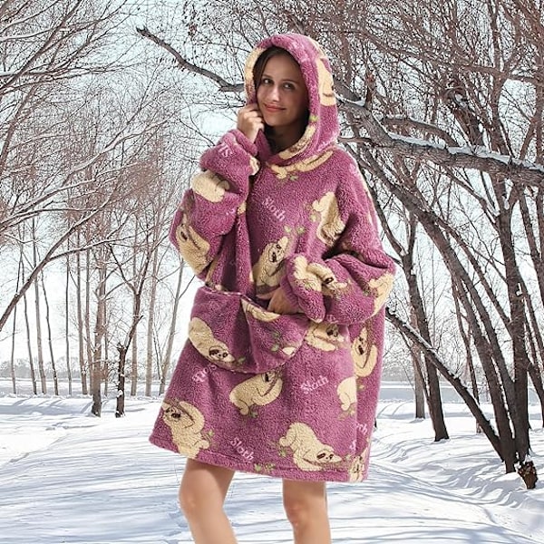 Överdimensionerad filttröja, vuxen dam fleece bärbar filt varm och mysig jättehuvtröja fluffig tröja för kvinnor och män Sloth Lying Down