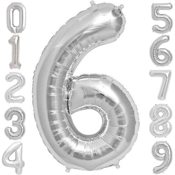 Silver Number 6 Balloon, 6th Birthday Party Foil Mylar Helium Balloons, 40 Inch