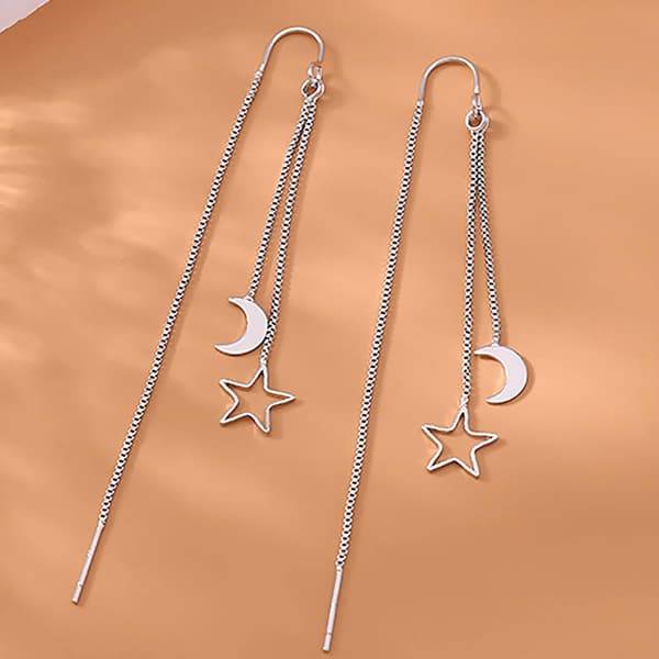 Måne Stjerne Øreringe Sølv Tråd Drop Kæde Øreringe Lang Kæde Tassel Øreringe Dangle Øreringe Smykker til Kvinder og Piger
