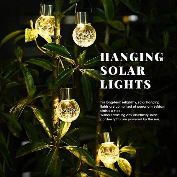 Hængende Solcellelamper Udendørs, 8 Pakke Dekorative Revnede Glaskuglelys, Hængende Globe Solcellelamper til Have, Have, Terrasse, Græsplæne, Blomsterbed