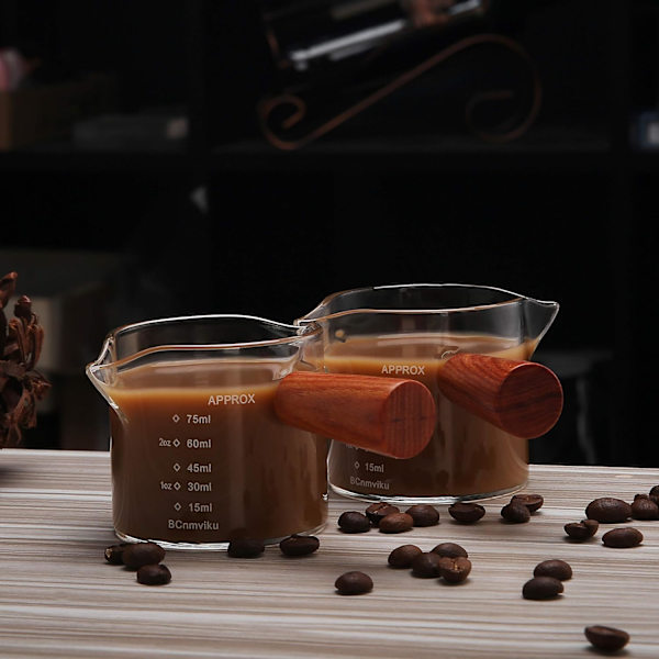 1 pakke dobbelt tud målebæger trippel kande mælkekop med træhåndtag 75ML espressoshotsglas