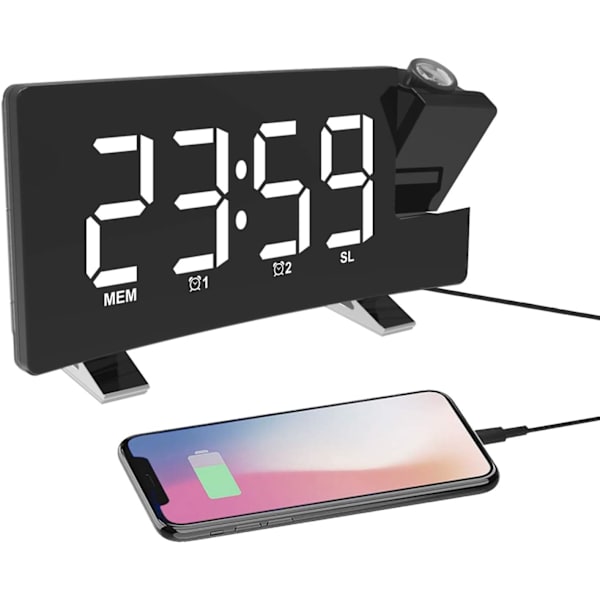 Projektionsvækkeur LED-skærm 4 justerbar lysstyrke Digitalt radiovækkeur med USB-telefonoplader Vækkeur med 2 alarm snooze-funktion Grøn White