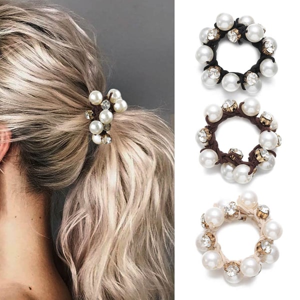 Pearl hårslipsar Svart elastiska hår Scrunchies Brun Pearl hårband Kristallhår rep Håraccessoarer för kvinnor och flickor (paket med 3)