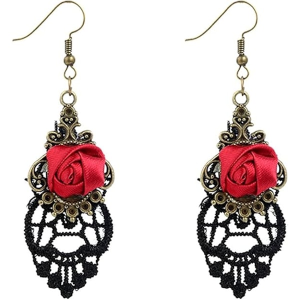 Retro-inspirerte lange øredobber med rødt blondermønster - Elegant rose-design smykkeøredobb for kvinner - Perfekt gave