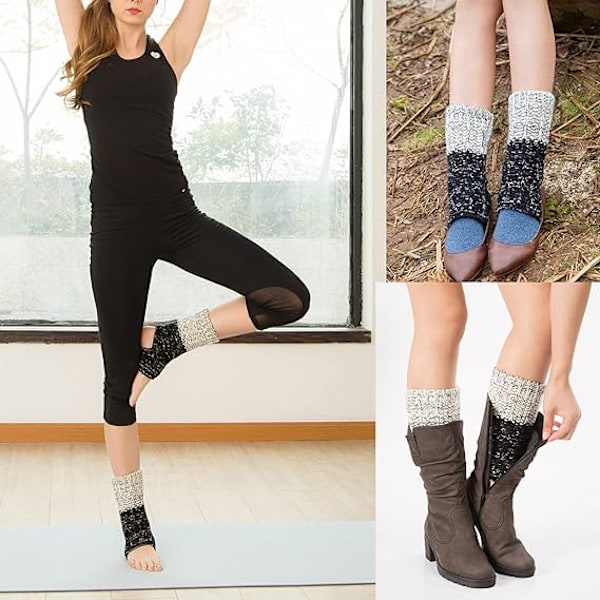 Strikkede yogabenvarmere for damer, myke strikkede heklede yogasokker, chunky bootmansjetter, toppersokker, damegamasjer for dans eller ballett black/ivory