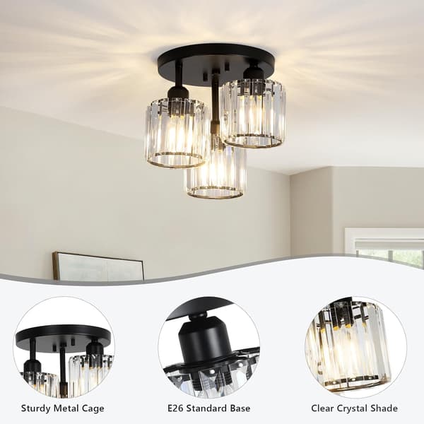 1 stk. moderne krystallysekroner, 3-lys krystallamper til stuen, semi-flush loftslamper (sort)