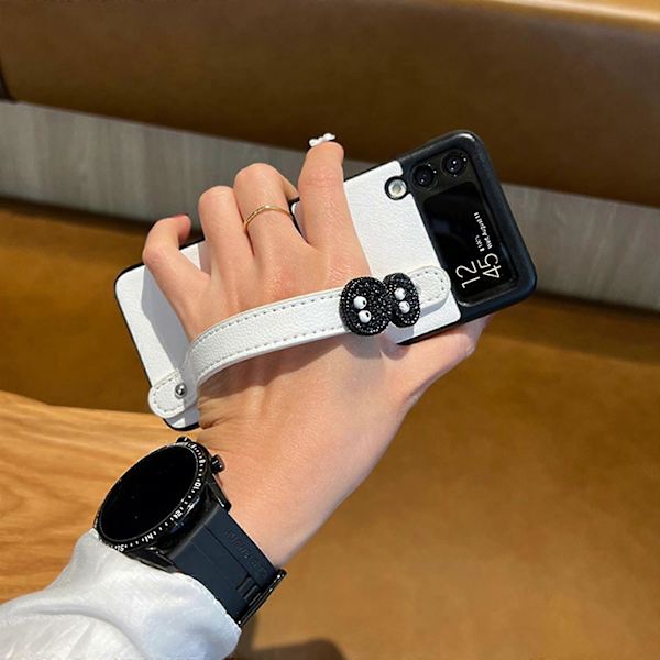 Pu-nahkakotelo, yhteensopiva Samsung Galaxy Z Flip 3/4:n kanssa, kova PC-kehys, iskunkestävä suojus rannekorulla