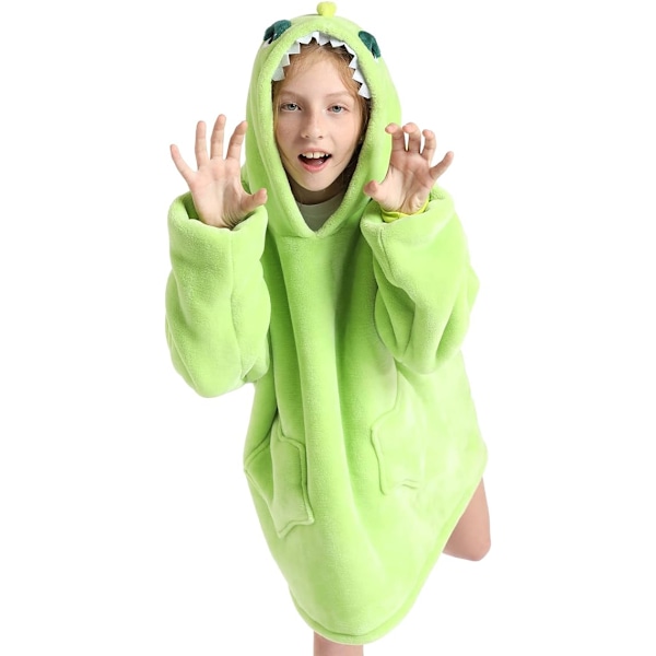 Oversized hettegenser teppe for barn myk varm koselig bærbar teppe genser fleece sherpa teppe med lommer Dinosaur
