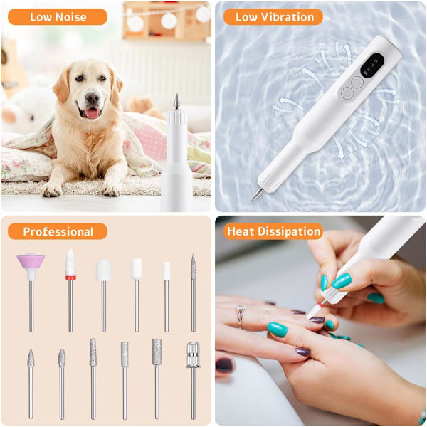 Elektrisk nagelfil, sladdlös nagelfilmaskin med 12 nagelfilar, bärbar nagelfilssats med trådlös laddningsbas White