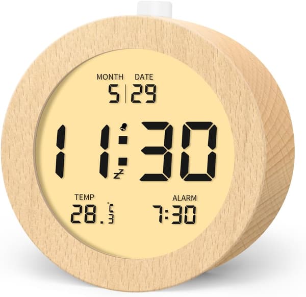 Digital väckarklocka, sängklocka i trä med temperatur- och datum-LCD-display, 3 AAA-batterier (batterier ingår ej)