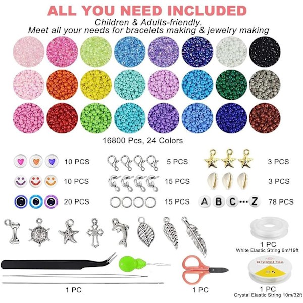 16800 stk. Glass Seed Beads til armbåndssæt, 24 farver 2 mm små glasperler Tiny Waist Beads Venskab armbåndssæt
