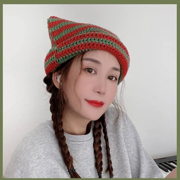 Fairy Beanie Y2K Katt i Hatten - Stripete Heklet Slouchy Beanie Hat Vintervarm Strikket Lue Hodeplagg Tilbehør