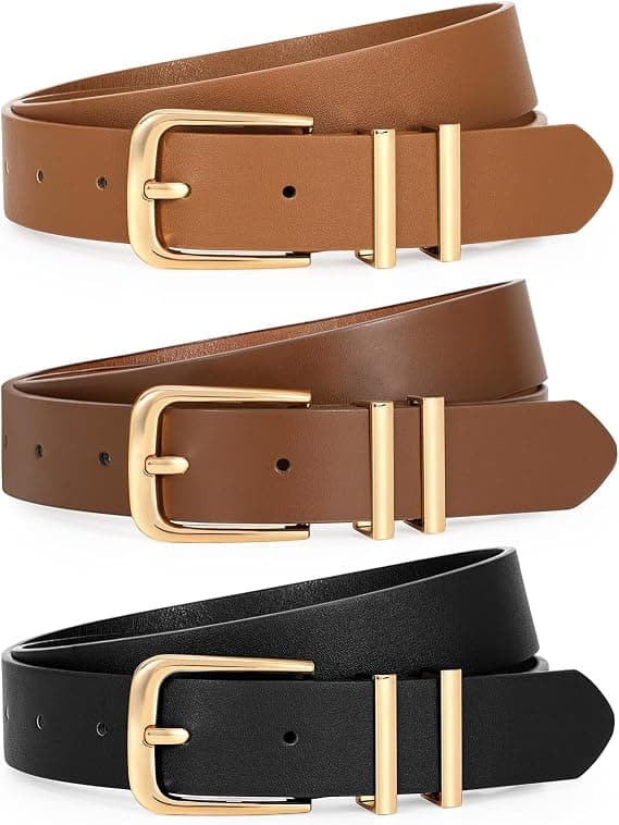 3-pack läderbälten för kvinnor för jeans klänningar mode damer guld/silver spänne läderbälten, längd 110cm