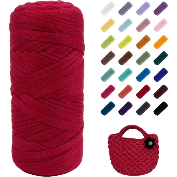 400 g elastiskt tyg T-shirt stickat garn, tjockt virkgarn, för att virka väskor/korgar/mattor, gör-det-själv hantverk maroon red