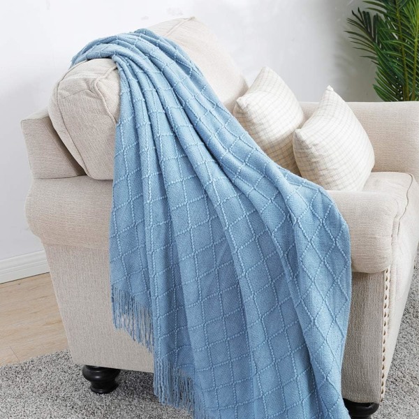 Tekstureret solid, blød sofa, sofabetræk strikket dekorativt tæppe, blå, 127 * 180 cm (inklusiv kvaster)