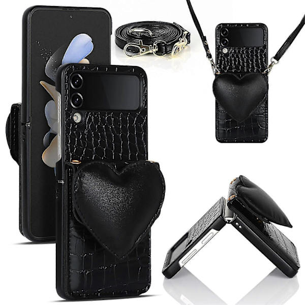 Hundtandsmönstrat hjärtfodral kompatibelt med Samsung Galaxy Z Flip 4/3, skyddande fodral i PU-läder med crossbody-snodd