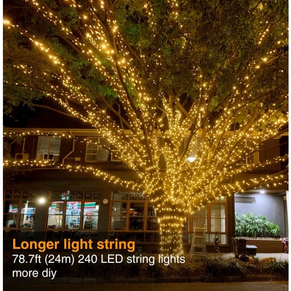 Solcelledrevne fe-lys utendørs, 79ft/24m 240 LED solcellelyskjede hage 8 moduser (varm hvit)