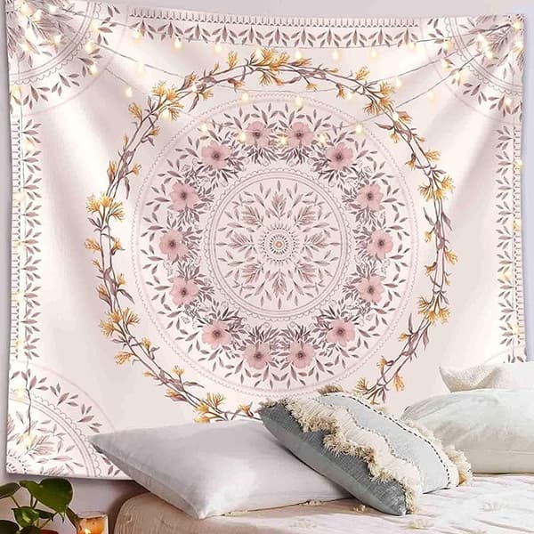 Oransje bohemsk veggteppe, Mandala floral medaljong hippie-teppe